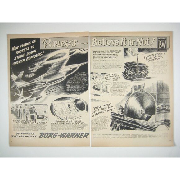 Ripleys Believe It Or Not Borg-Warner Vintage Print Ad 1950s 2 Page Airplane - Picture 1 of 2
